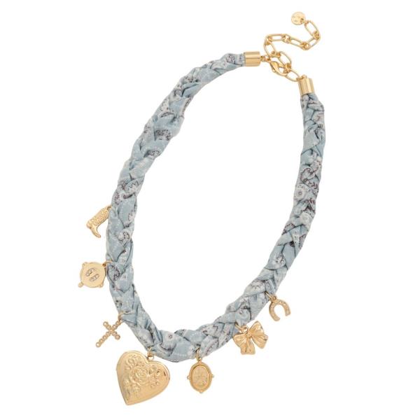 HEART LOCKET MULTI CHARM BRAIDED FABRIC NECKLACE