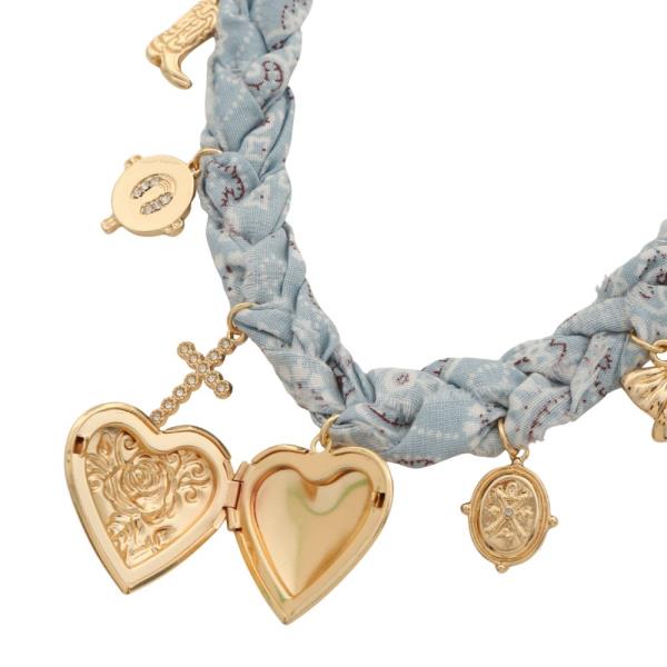 HEART LOCKET MULTI CHARM BRAIDED FABRIC NECKLACE