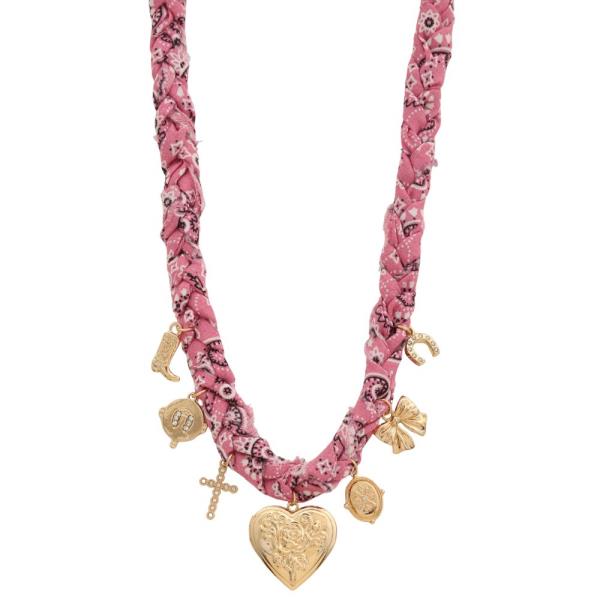 HEART LOCKET MULTI CHARM BRAIDED FABRIC NECKLACE