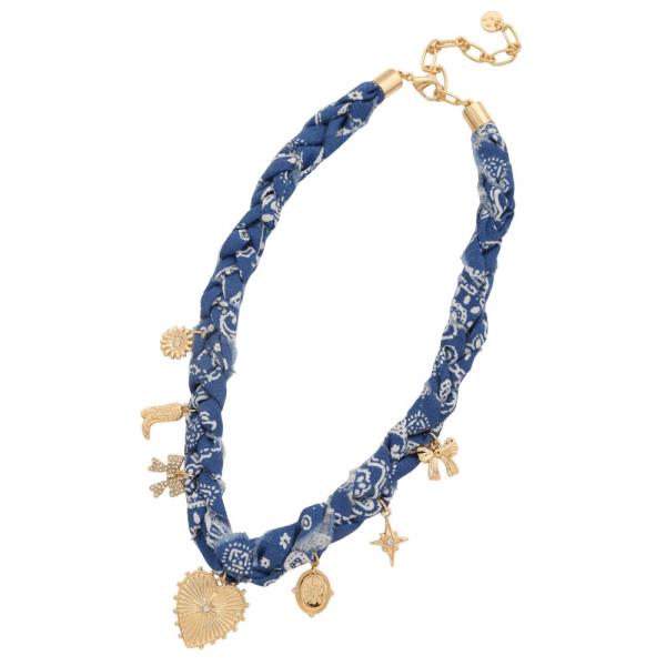 HEART MULTI CHARM BRAIDED FABRIC NECKLACE