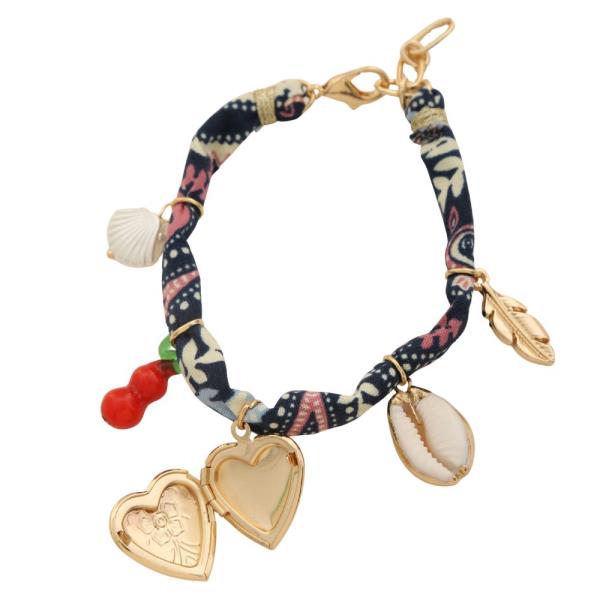 HEART LOCKET ASSORTED CHARMS FABRIC BRACELET