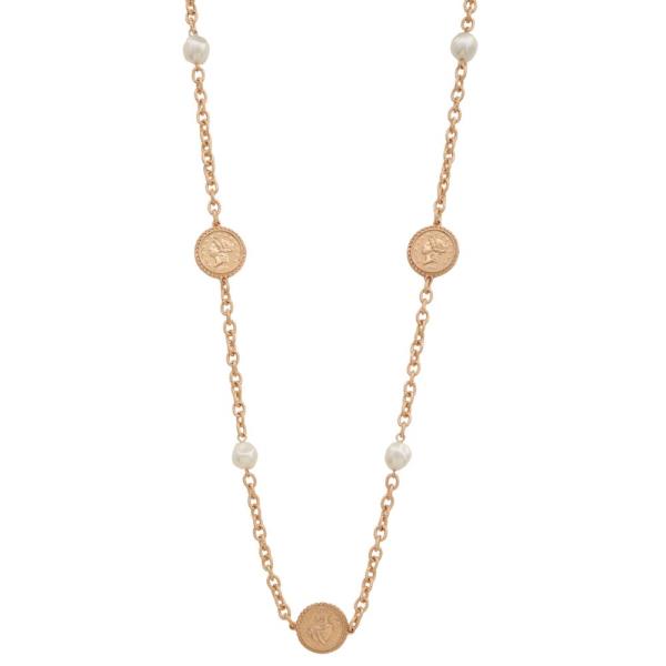 MEDALLION PEARL BEAD STATION METAL NECKLACE