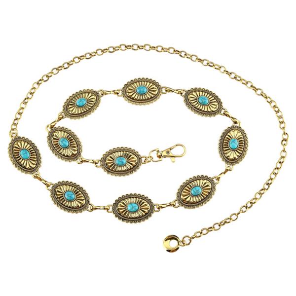 WESTERN METAL TURQUOISE STONE OVAL LINK CHAIN BELT