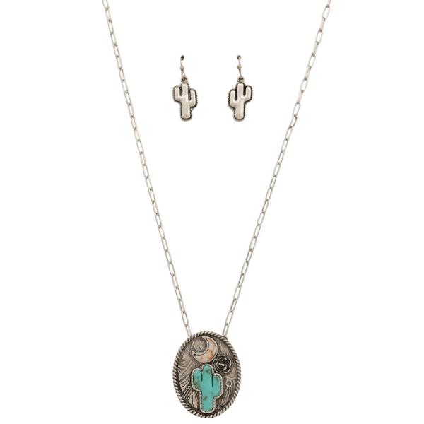 WESTERN STYLE CACTUS OVAL PENDANT NECKLACE