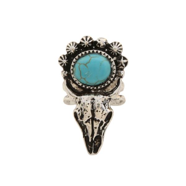 WESTERN OVAL TURQUOISE CATTLE SKULL ADJUSTABLE RING