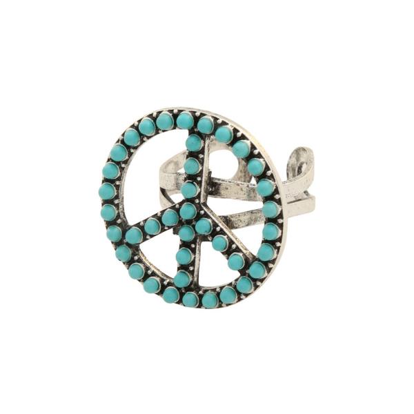 TURQUOISE BEAD PEACE SIGN ADJUSTABLE RING