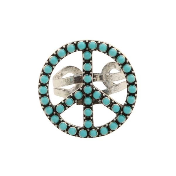 TURQUOISE BEAD PEACE SIGN ADJUSTABLE RING