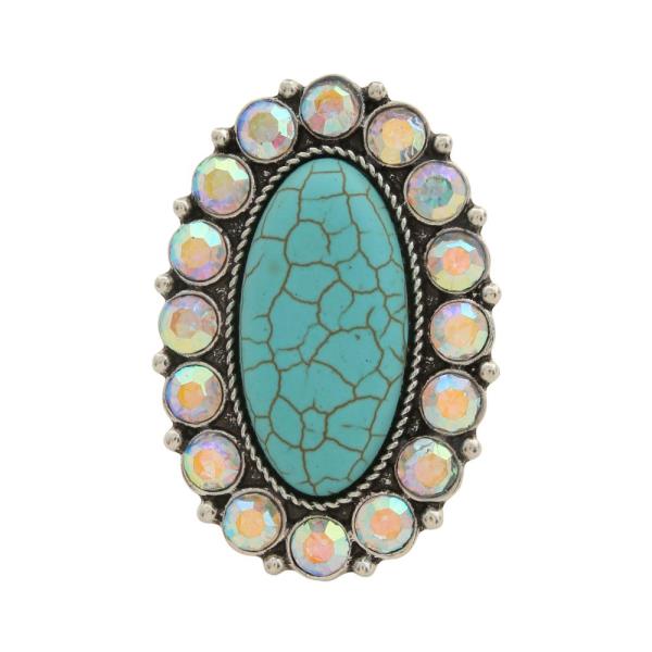 WESTERN TURQUOISE OVAL RHINESTONE ADJUSTABLE RING