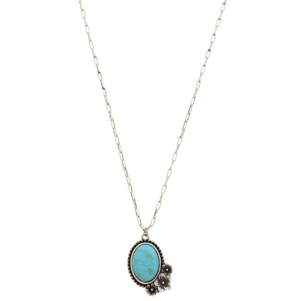 WESTERN TURQUOISE OVAL PENDANT DAINTY FLOWER METAL NECKLACE