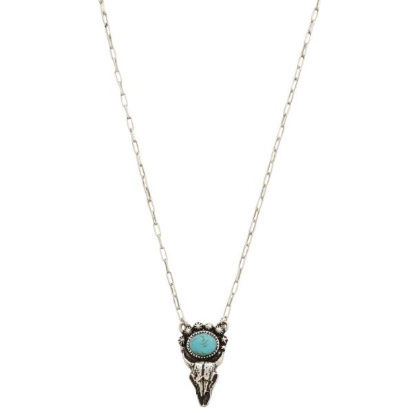 WESTERN TURQUOISE BEAD CATTLE SKULL PENDANT NECKLACE