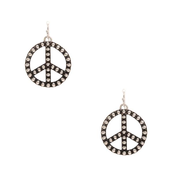 STUDDED PEACE SIGN METAL DANGLE EARRING