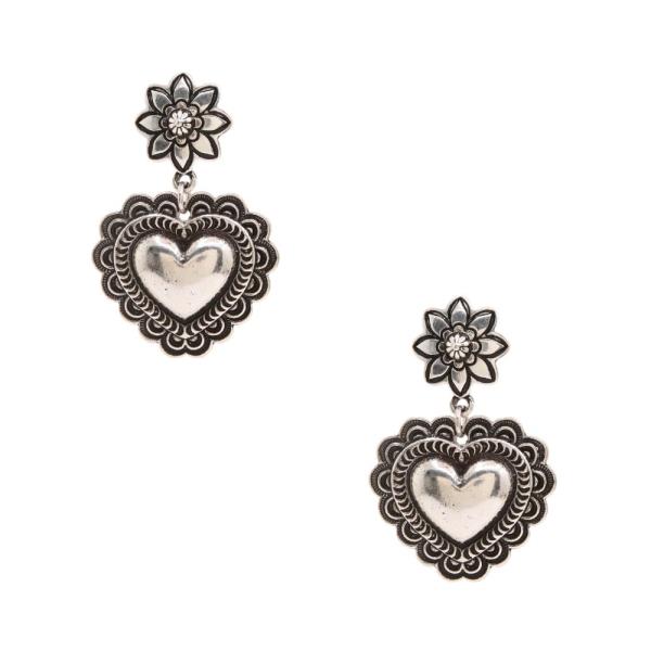 HEART FLOWER LINK METAL DANGLE EARRING