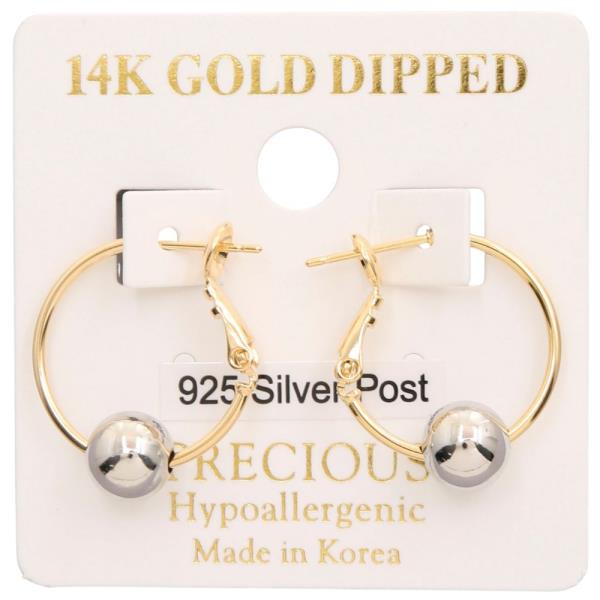 14K GOLD DIPPED TWO TONE BALL BEAD SILVER POST GOLD DIPPED HOOP EARRING