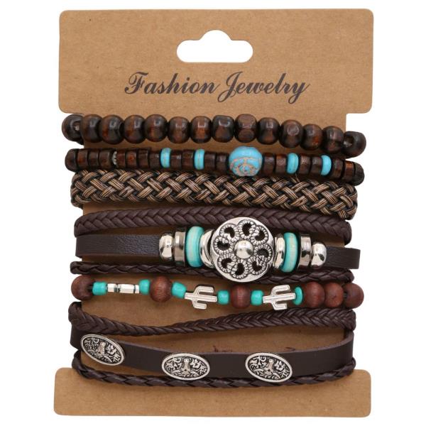 WESTERN BEADED CACTUS LEATHER BRACELET SET