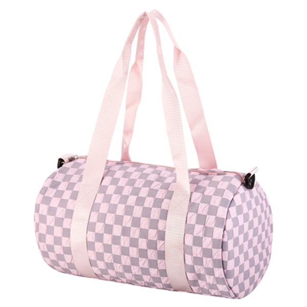 CHECKERED FABRIC CYLINDER DUFFEL BAG