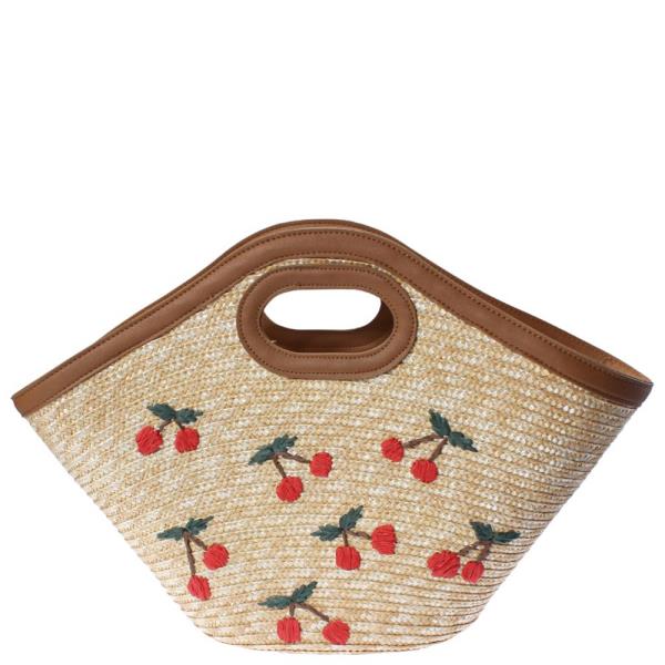STRAW CHERRY EMBROIDERED HANDLE TOTE BAG