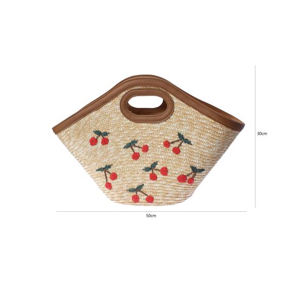 STRAW CHERRY EMBROIDERED HANDLE TOTE BAG