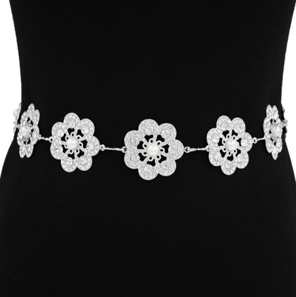 RHINESTONE FLOWER LINK TEXTURED METAL BELT