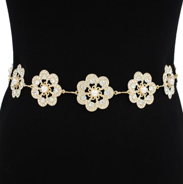 RHINESTONE FLOWER LINK TEXTURED METAL BELT
