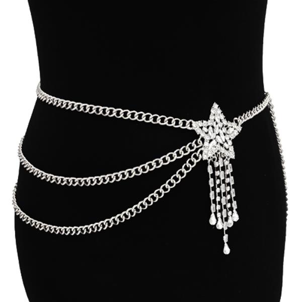 RHINESTONE STAR PENDANT DRAPE CHAIN METAL BELT