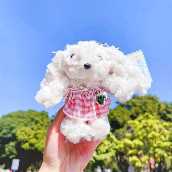 PLUSH WHITE DOG CHECKERED DRESS CHARM BAG CHARM KEYCHAIN