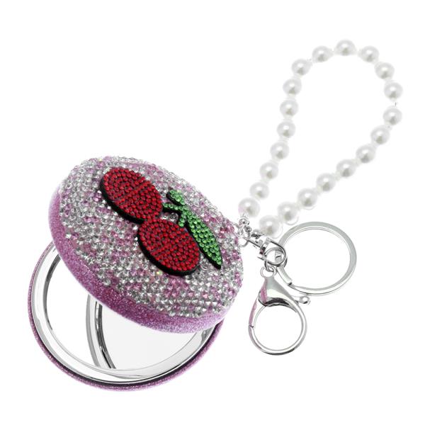 RHINESTONE ROUND CHERRY COMPACT POCKET MIRROR KEYCHAIN