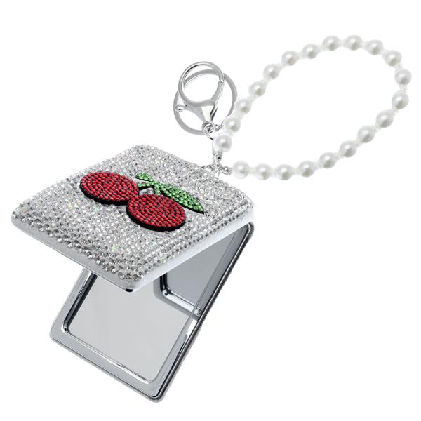 RHINESTONE RECTANGLE CHERRY COMPACT POCKET MIRROR KEYCHAIN