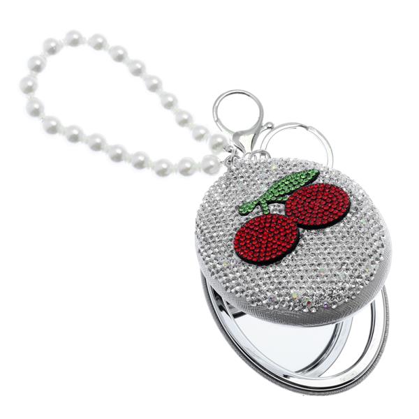 RHINESTONE OVAL CHERRY PEARL COMPACT POCKET MIRROR KEYCHAIN