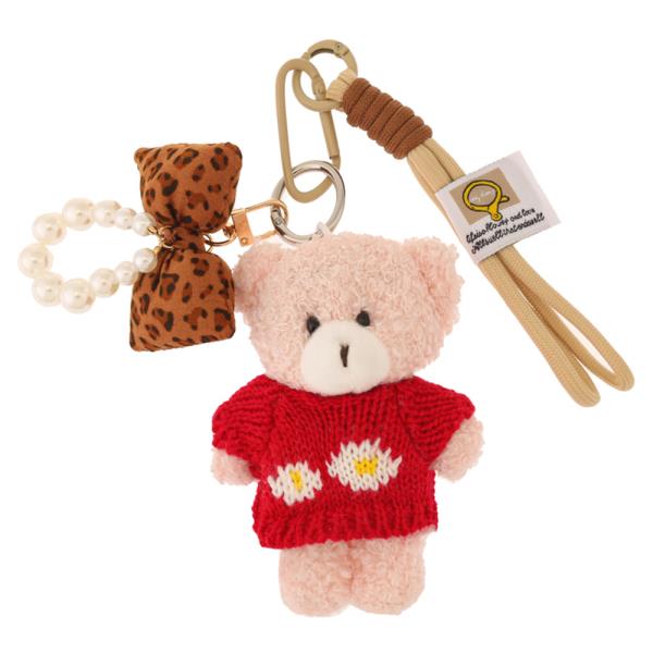 CUTE BEAR WITH KNITTED SWEATER OUTFIT CHEETAH BOW WITH PEARLS ROPE KEYCHAIN