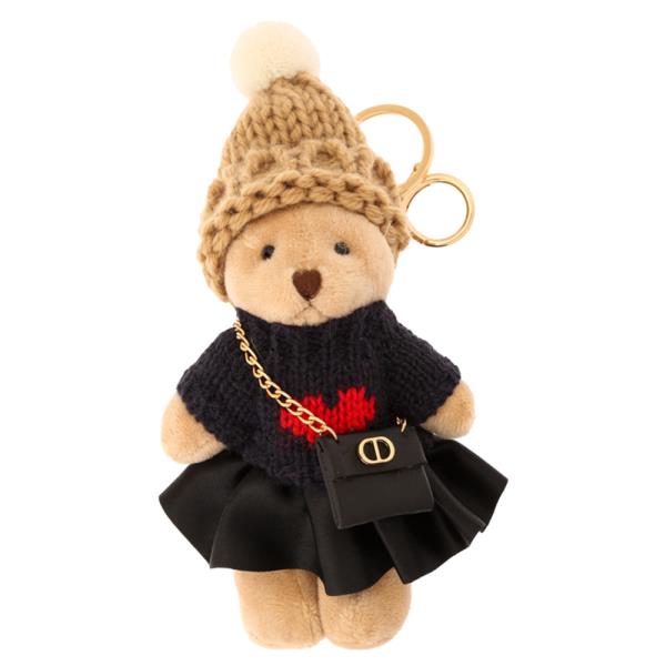 CUTE TEDDY BEAR WITH KNITTED CROCHET BEANIE HEART SWEATER SILK SKIRT AND CROSS BODY BAG KEYCHAIN