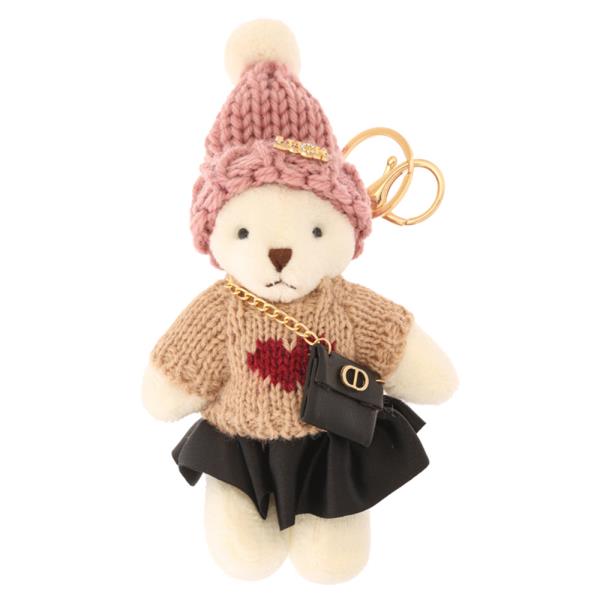 CUTE TEDDY BEAR WITH KNITTED CROCHET BEANIE HEART SWEATER SILK SKIRT CROSS BODY BAG KEYCHAIN