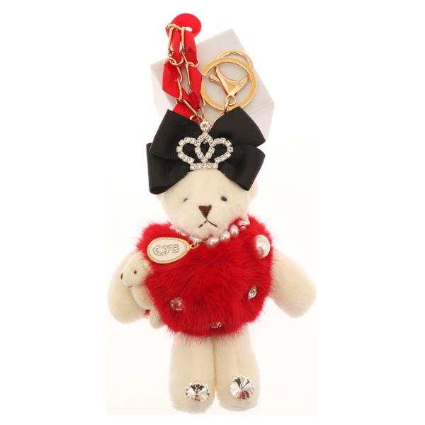 CUTE TEDDY WITH FEATHERY OUTFIT PEARL NECKLACE AND BOW CROWN KEYCHAIN