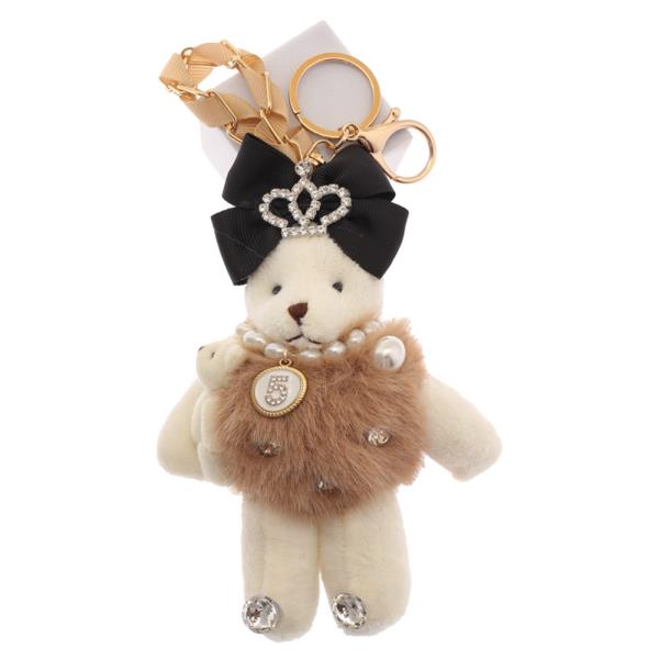 CUTE TEDDY WITH FEATHERY OUTFIT PEARL NECKLACE AND BOW CROWN KEYCHAIN