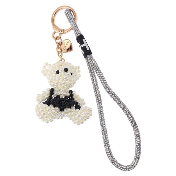I LOVE YOU ENGRAVED HEART PEARL BEADED TEDDY BEAR WITH RHINESTONE STRAP