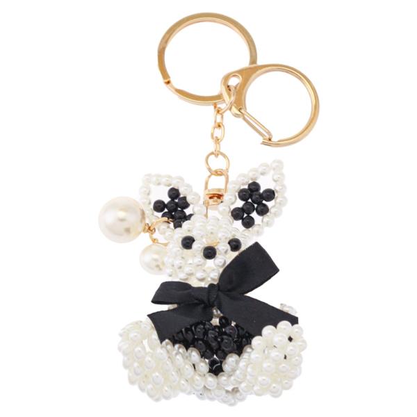 PEARL BEAD BUNNY WITH BLACK BOW KEYCHAIN