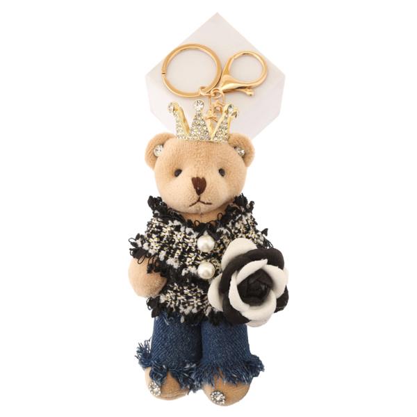 CUTE OUTFIT TEDDY BEAR WITH RHINESTONE CROWN EARRINGS AND FLOWER KEYCHAIN