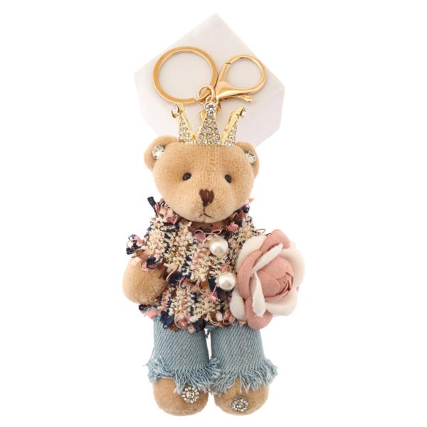 CUTE OUTFIT TEDDY BEAR WITH RHINESTONE CROWN EARRINGS AND FLOWER KEYCHAIN