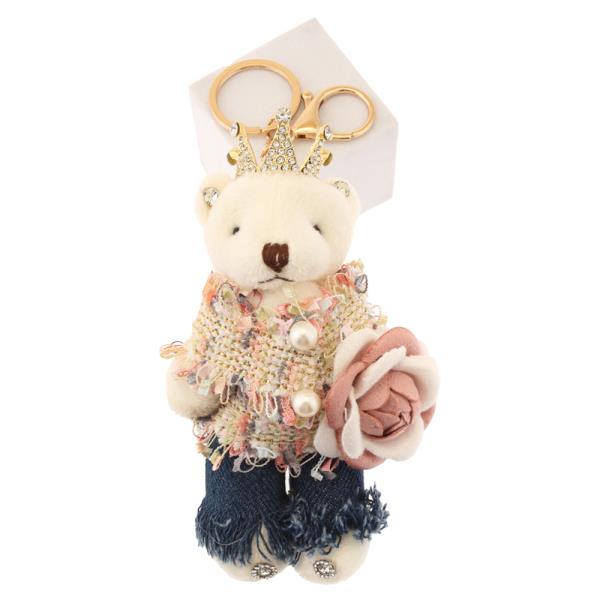 CUTE TEDDY BEAR WITH RHINESTONE CROWN AND OUTFIT PINK ROSE KEYCHAIN
