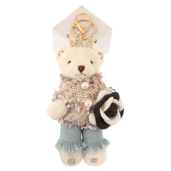 CUTE TEDDY BEAR WITH RHINESTONE CROWN AND OUTFIT ROSE KEYCHAIN