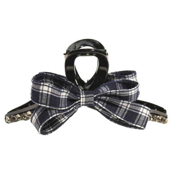 DOUBLE SIDED PLAID RHINESTONE BOW HAIR CLAW CLIP