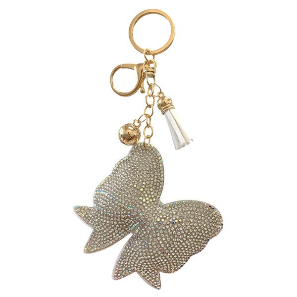 RHINESTONE BUTTERFLY ORNAMENT BALL KEYCHAIN WITH TASSEL