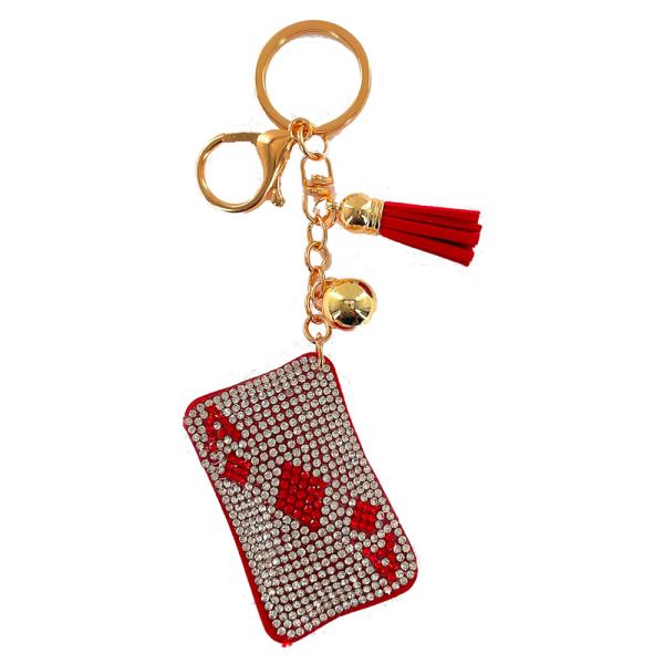 RHINESTONE ACE DIAMOND PLAYING CARD ORNAMENT BALL KEYCHAIN WITH TASSEL