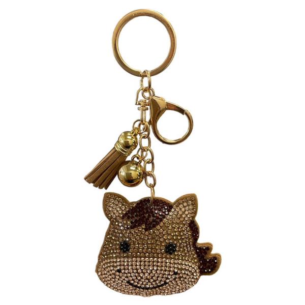 RHINESTONE HORSE CHARACTER ORNAMENT BALL KEYCHAIN WITH TASSEL
