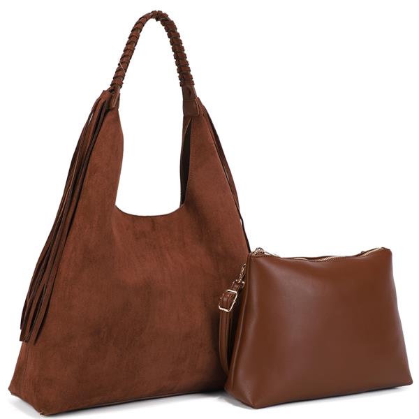 2IN1 TASSEL SHOULDER HOBO BAG W POUCH SET