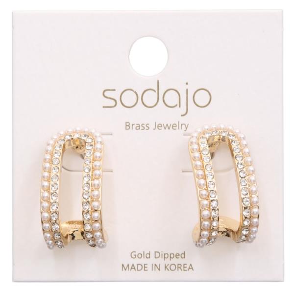 SODAJO PEARL BEAD RHINESTONE CURVE METAL GOLD DIPPED EARRING