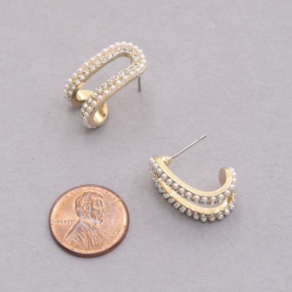SODAJO PEARL BEAD RHINESTONE CURVE METAL GOLD DIPPED EARRING