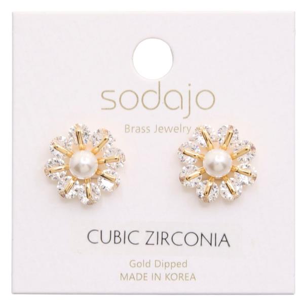 SODAJO FLOWER PEARL BEAD CZ GOLD DIPPED EARRING