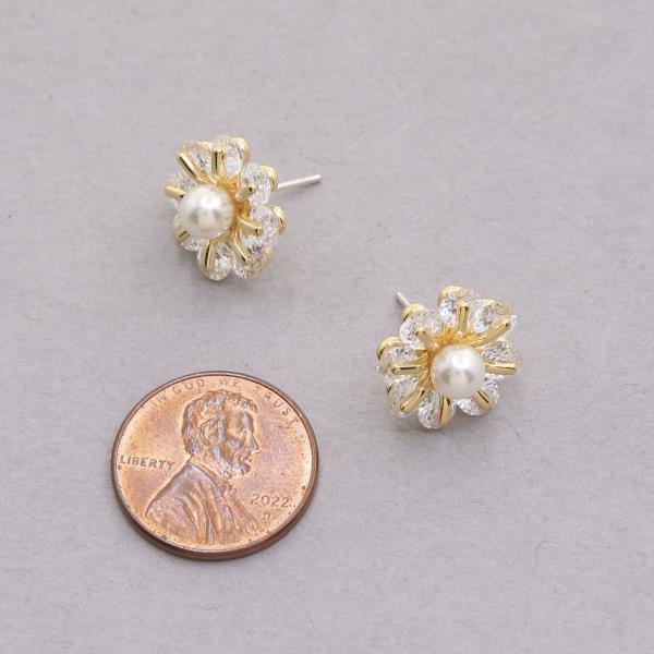 SODAJO FLOWER PEARL BEAD CZ GOLD DIPPED EARRING