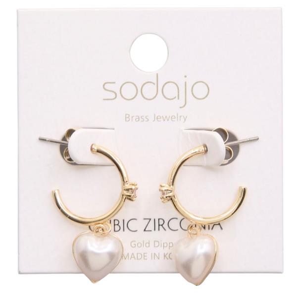 SODAJO HEART PEARL BEAD OPEN HOOP CZ GOLD DIPPED EARRING