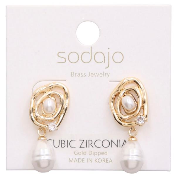 SODAJO KNOT PEARL BEAD CZ GOLD DIPPED DANGLE EARRING